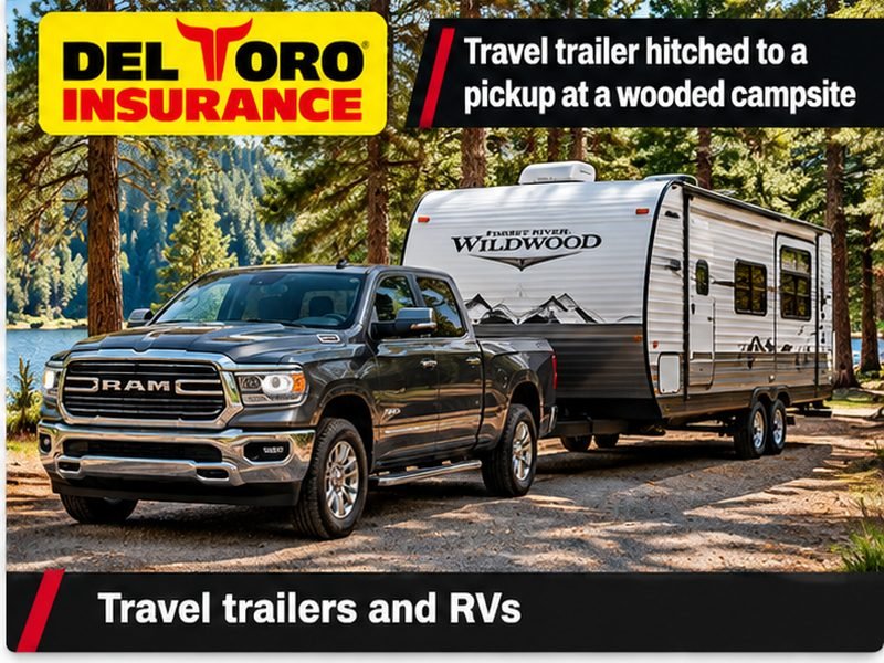 Travel trailer enganchado a una troca en un campamento